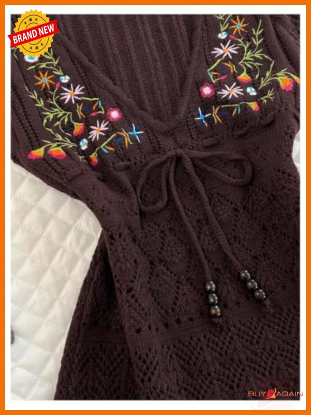 Boho Floral Embroidery Openwork Knit Top Drawstring Ruffle Hem - Picture 6 of 6